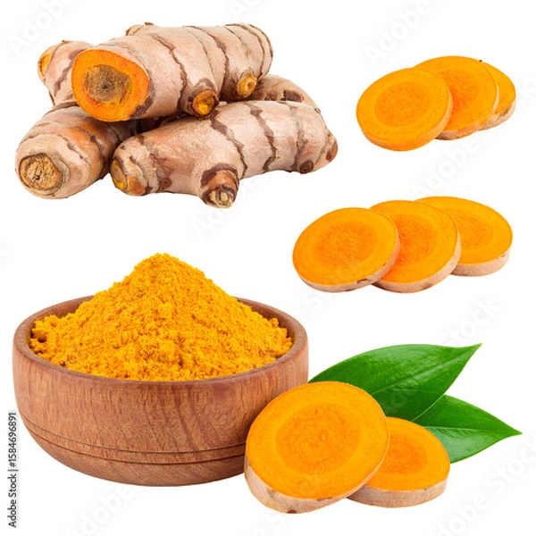 Obraz Turmeric Root, Powder, and Slices with Fresh Leaves