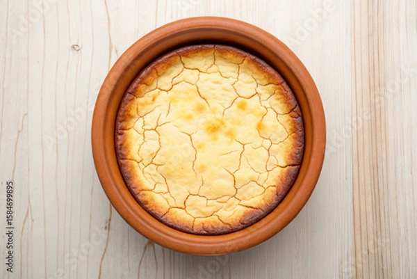 Fototapeta Overhead view of a delicious freshly baked cheesecake in a terracotta baking dish on wooden surface