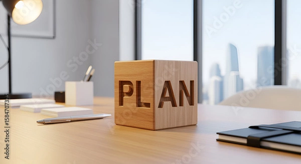 Fototapeta Wooden Block Displaying PLAN on a Desk with Office Supplies.