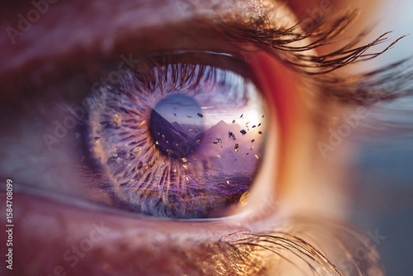 Fototapeta Close-up macro of a woman's eye, focusing on the vibrant iris, delicate eyelashes, and pupil, showcasing human vision and beauty