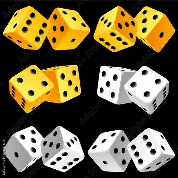 Obraz Vector Casino Dice Set of Authentic Icons. Yellow and White Pair of Poker Cubes Isolated on Black Background. 3d Board Game Pieces