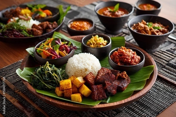 Fototapeta Traditional Nasi Padang Platter with Beef Rendang and Sambal.