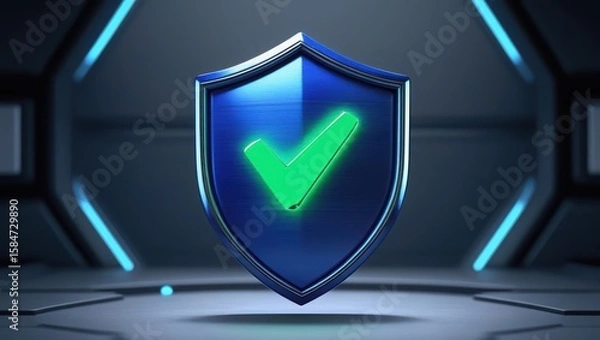 Obraz futuristic shield with glowing green checkmark symbol representing security safety protection technology digital defense concept