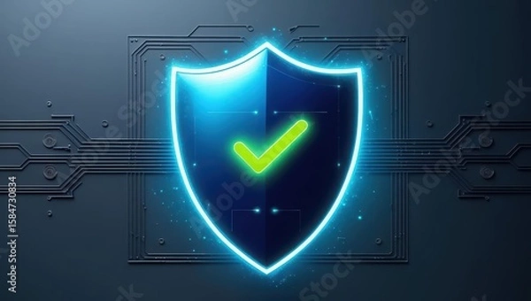 Obraz Digital Security Shield Icon with Bright Blue Outline and Green Checkmark on Circuit Background Representing Data Protection and Cybersecurity Concept