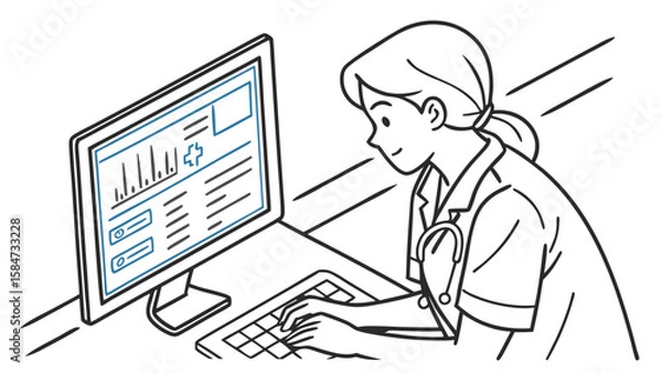 Fototapeta Healthcare professional analyzing medical data on computer. Doctor or nurse working with electronic patient records, telemedicine, digital health.