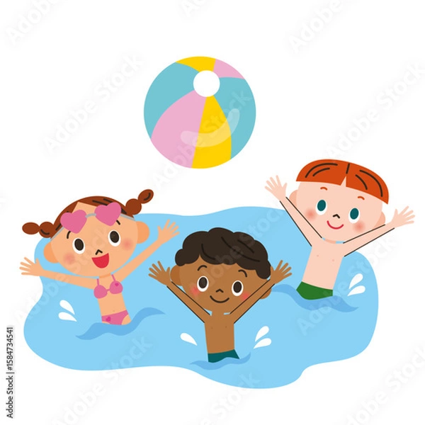 Obraz プールや海でビーチボールで楽しむ子供達