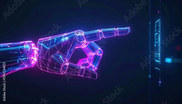 Obraz Futuristic digital hologram of a human hand pointing towards a high-tech interface with glowing blue and pink neon accents in a dark environment