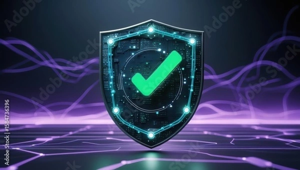 Obraz Digital security shield with a green check mark representing protection, cybersecurity, and data privacy in a futuristic abstract setting