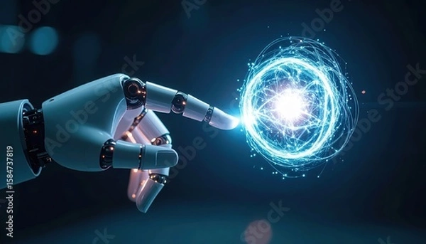 Obraz Futuristic robotic hand interacting with glowing digital energy sphere symbolizing technology innovation artificial ligence and advanced science concepts