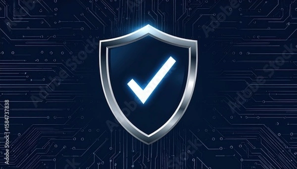 Obraz Digital security shield icon with checkmark symbol representing cybersecurity protection and data safety in a technological background