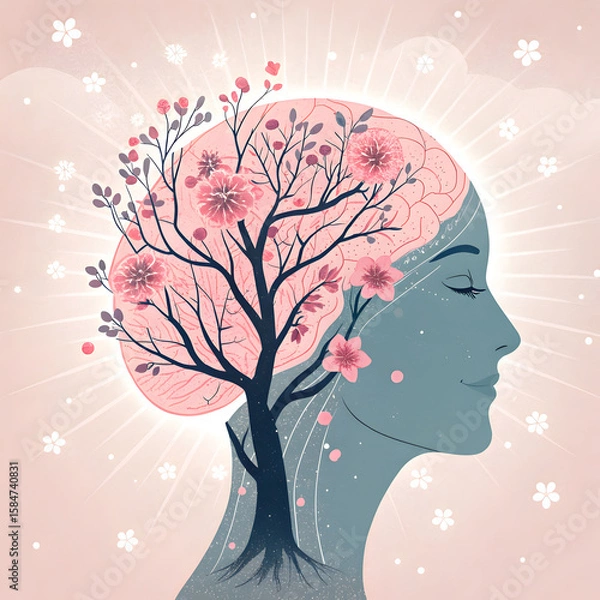 Fototapeta A surreal head silhouette in soft pastel tones with flowing abstract shapes inside, creating a dreamy and artistic feel.
