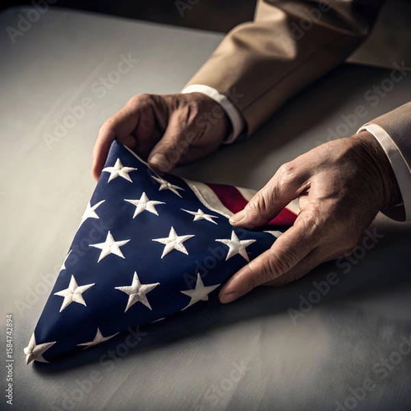Fototapeta Close-up of hands holding a small folded American flag, showing respect and honor in a simple, heartfelt moment.