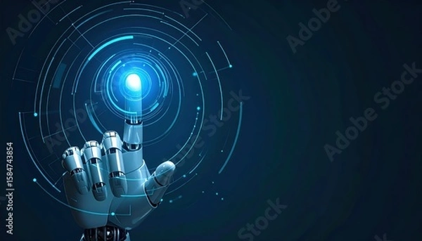 Obraz Highly detailed digital robotic hand interacting with futuristic glowing interface with circular patterns and light effects illustrating advanced technology and innovation
