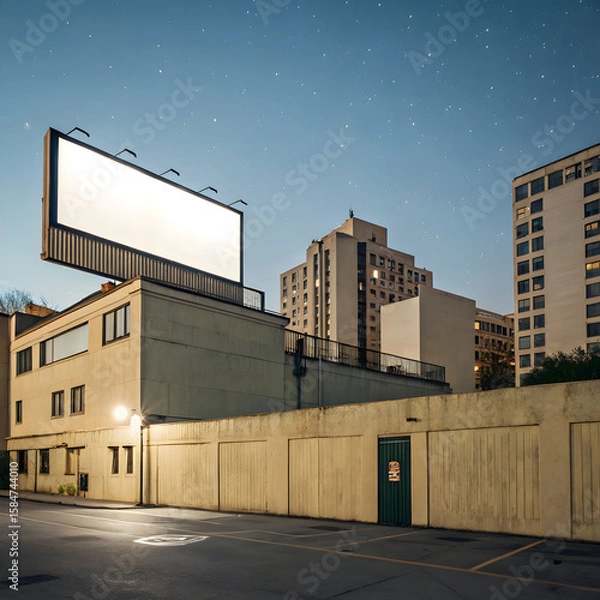 Fototapeta Evening cityscape with a bright blank billboard on a building, glowing against the city lights, creating a modern and eye-catching scene.