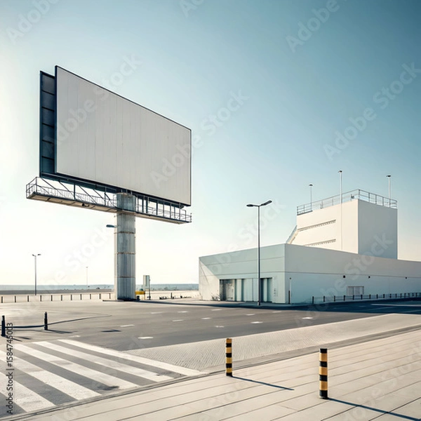 Fototapeta Isolated billboard on a clean modern building with a clear sky background, creating a sleek and minimal advertising space.