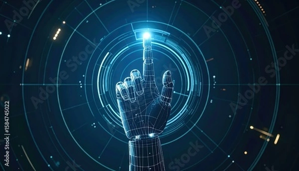 Obraz Futuristic digital interface with a holographic hand tapping a glowing point in a high-tech glowing circular HUD design for technology innovation and digital interaction