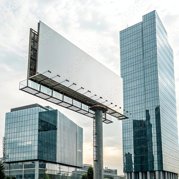 Fototapeta Isolated billboard structure in front of a contemporary building, with a simple and clean design, ready for advertisement display.