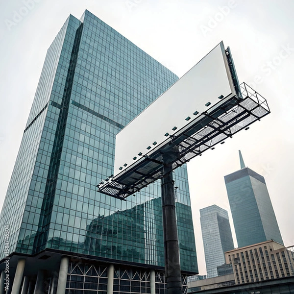 Fototapeta Isolated billboard structure in front of a contemporary building, with a simple and clean design, ready for advertisement display.