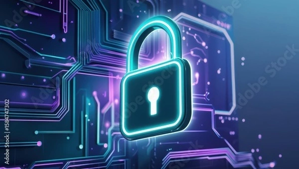 Obraz Futuristic digital security lock symbol with glowing neon outline on technological circuit background representing cybersecurity encryption and data protection