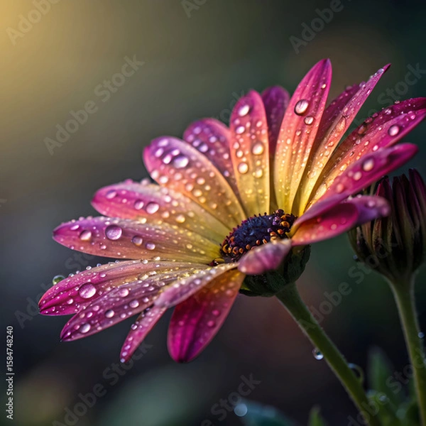Fototapeta Macro close-up of a single vibrant flower with dew drops on its petals, showing rich colors and fine natural details for a fresh, lively feel.