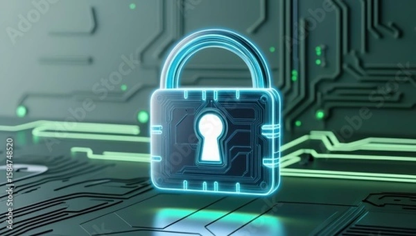 Obraz futuristic illuminated digital lock icon representing cybersecurity in a high-tech circuit board environment with glowing lines and secure data protection