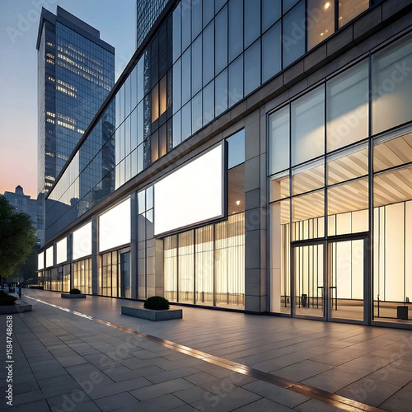 Fototapeta Modern building facade with a large blank advertisement space, clean and minimal, ready for branding or promotional display.