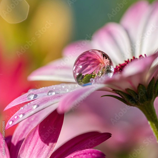 Fototapeta Perfectly spherical water droplet resting on a flower petal, showing clear reflections and delicate details for a fresh and peaceful look.