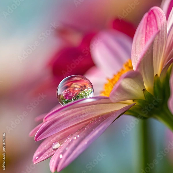 Fototapeta Perfectly spherical water droplet resting on a flower petal, showing clear reflections and delicate details for a fresh and peaceful look.