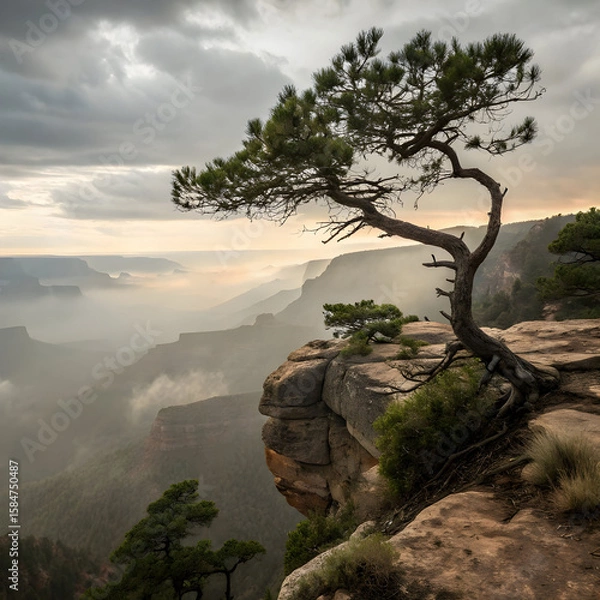Fototapeta Serene landscape of a single windswept tree growing on a gentle hillside, surrounded by calm skies and soft natural light.