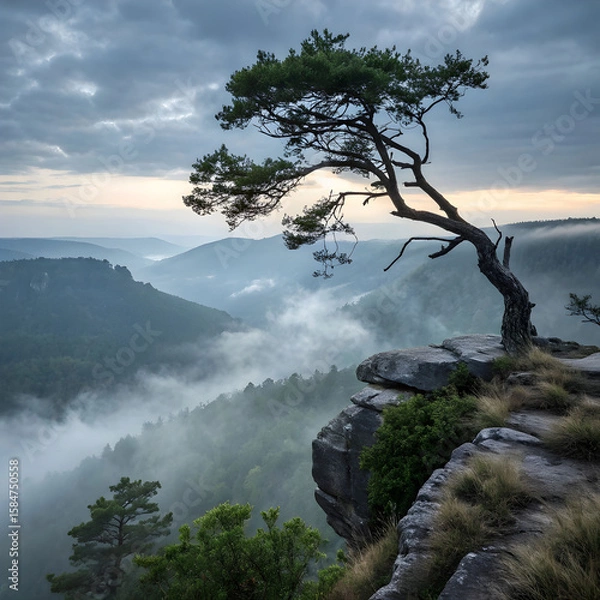 Fototapeta Serene landscape of a single windswept tree growing on a gentle hillside, surrounded by calm skies and soft natural light.