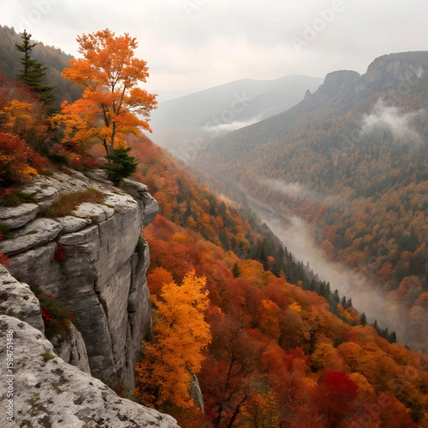 Fototapeta Sharp rocky cliff overlooking a forest of orange trees, with vibrant autumn colors and a clear sky, creating a striking natural view.