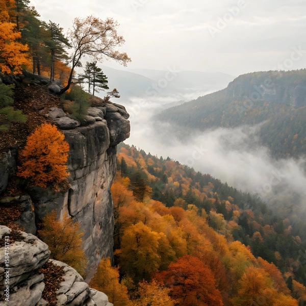 Fototapeta Sharp rocky cliff overlooking a forest of orange trees, with vibrant autumn colors and a clear sky, creating a striking natural view.