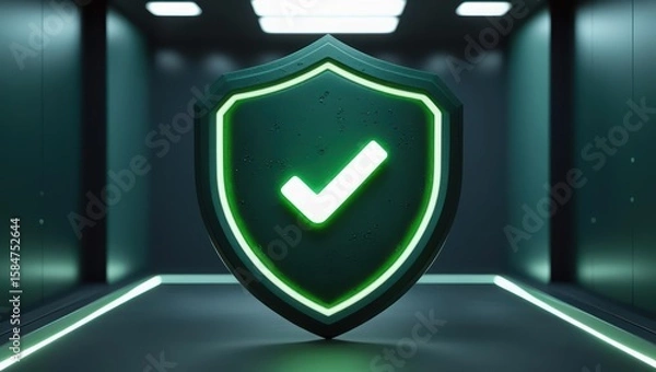 Obraz Futuristic security shield with glowing checkmark symbol in a high tech corridor representing protection safety and cybersecurity concepts