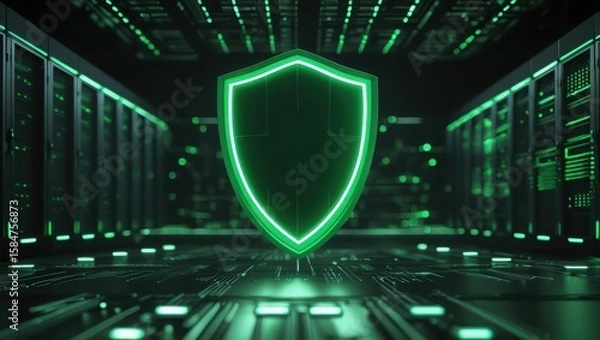 Obraz Futuristic cybersecurity shield icon glowing green in a high-tech server room with digital data servers and network infrastructure for data protection and security