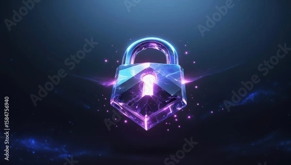 Obraz Futuristic glowing digital padlock with neon light effects symbolizing cybersecurity technology and data protection in a dark cosmic background