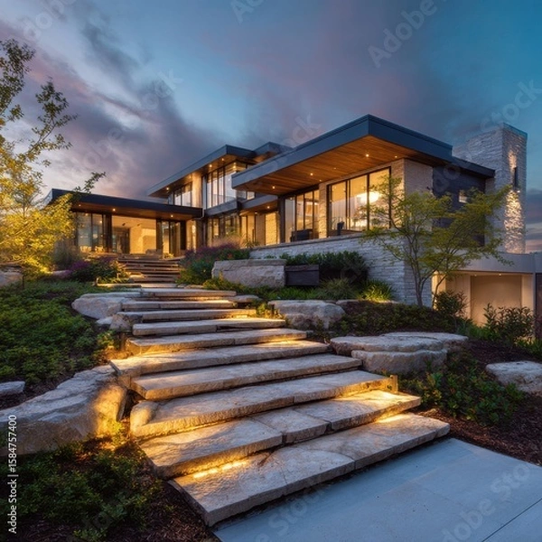 Fototapeta Ultra quality image of illuminated Stone Steps Leading to a Modern House at Dusk with Warm Interior Lighting and Blue Sky Highlighting Architectural Design and Landscaping.