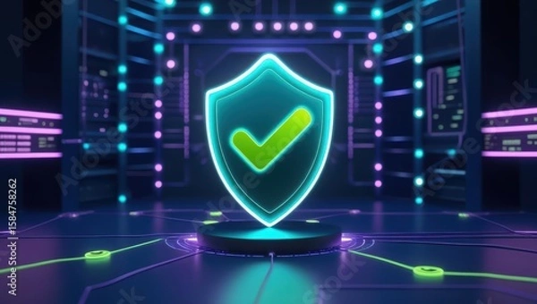 Obraz Futuristic digital security shield with checkmark in neon glowing environment representing data protection and cyber safety technology concept