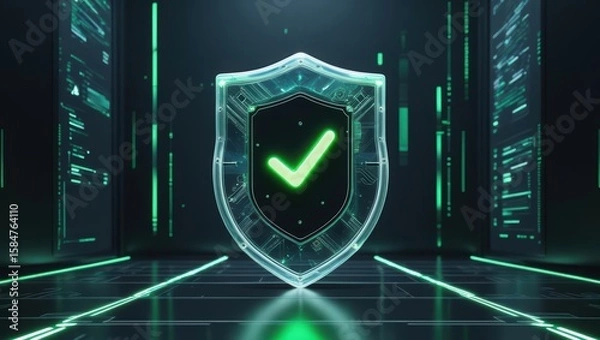 Obraz Futuristic security shield with check mark glowing in digital cityscape with neon green accents symbolizing safety protection and cybersecurity concept