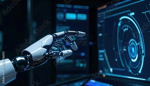 Obraz Futuristic robotic hand interacting with advanced digital interface displaying high-tech data graphs and holographic displays in a modern technology environment