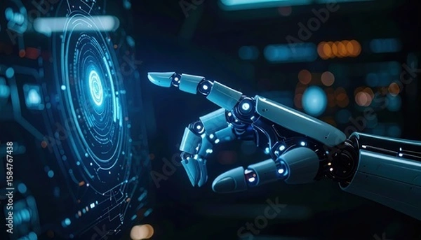 Obraz Futuristic robotic hand interacting with holographic digital interface in a high tech environment with glowing blue lights and advanced technology elements