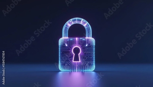 Obraz Futuristic digital hologram of a glowing padlock with keyhole symbol representing cybersecurity and data protection in a dark high-tech environment