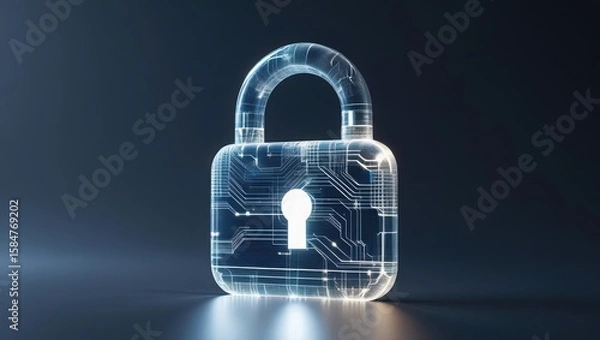 Obraz Futuristic digital padlock symbolizing cybersecurity and data protection with glowing circuit lines in a high-tech digital environment on a dark background