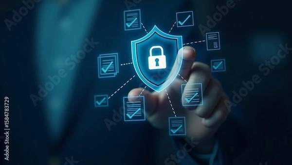 Fototapeta A hand interacts with a glowing digital shield and padlock, representing data security surrounded by checked documents.