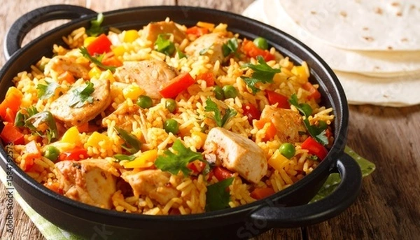 Fototapeta Arroz con pollo dish with rice and vegetables.