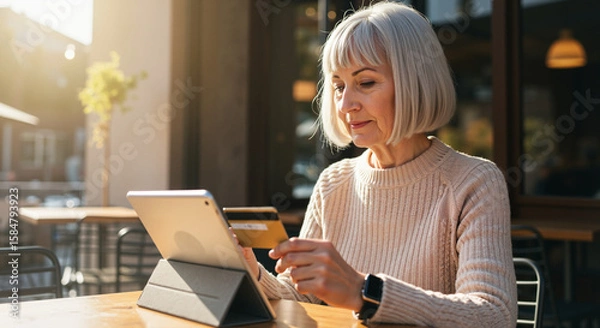 Fototapeta Elderly woman using tablet and credit card at café table in sunlight  