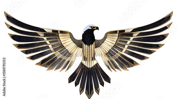 Fototapeta Art Deco geometric sunburst design stylized to incorporate elements of a bald eagle's wings and head, gold and silver lines, isolated on Transparent Background