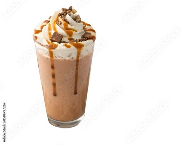 Obraz Full chocolate caramel sea salt milkshake on white background with toppings in focus