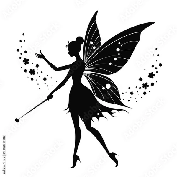 Fototapeta Elegant silhouette of a fairy with delicate wings and a magic wand evoking fantasy and enchantment