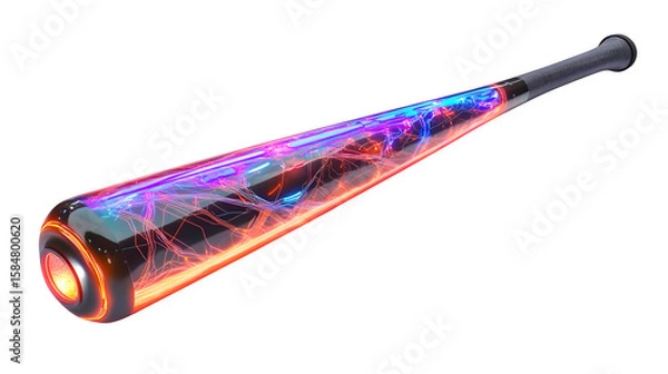 Fototapeta Cyberpunk baseball bat made of neon tubes and carbon fiber, glowing energy coursing through it, intricate wiring visible, slight motion blur effect, ultra HD, isolated on Transparent Background