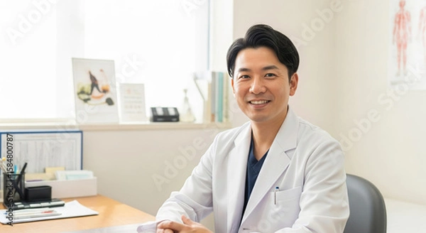 Fototapeta 診察室で笑顔で座るアジア人医師